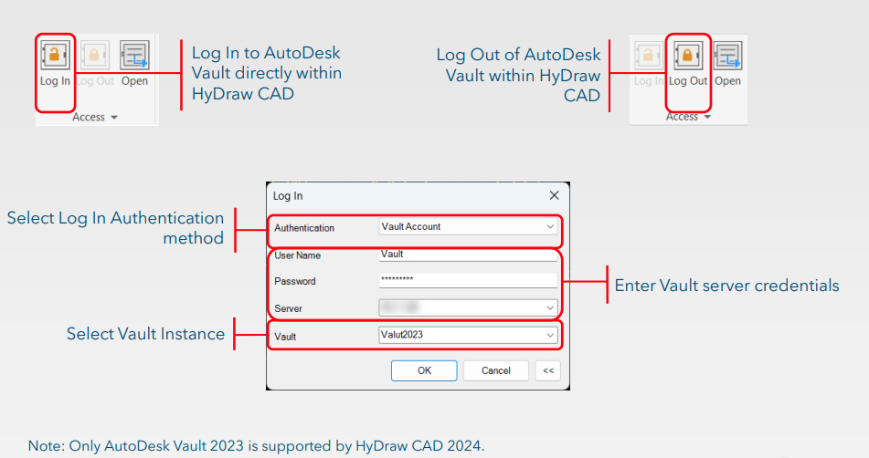 Log In and Out of Vault directly from within HyDraw CAD