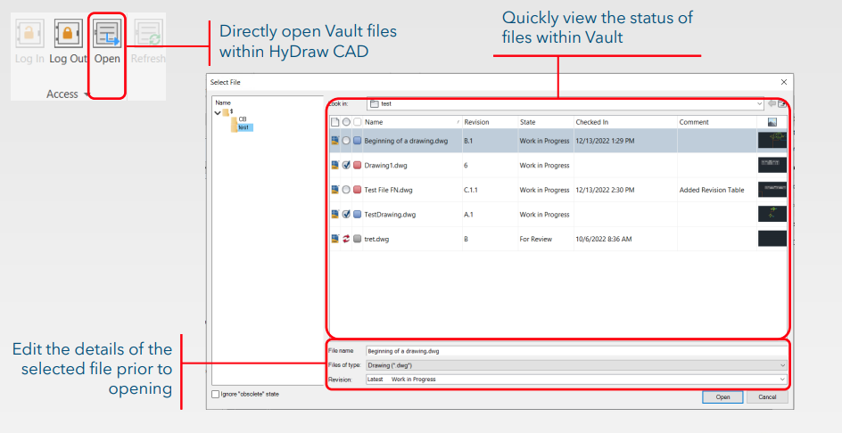 Open files stored within Vault directly in HyDraw CAD